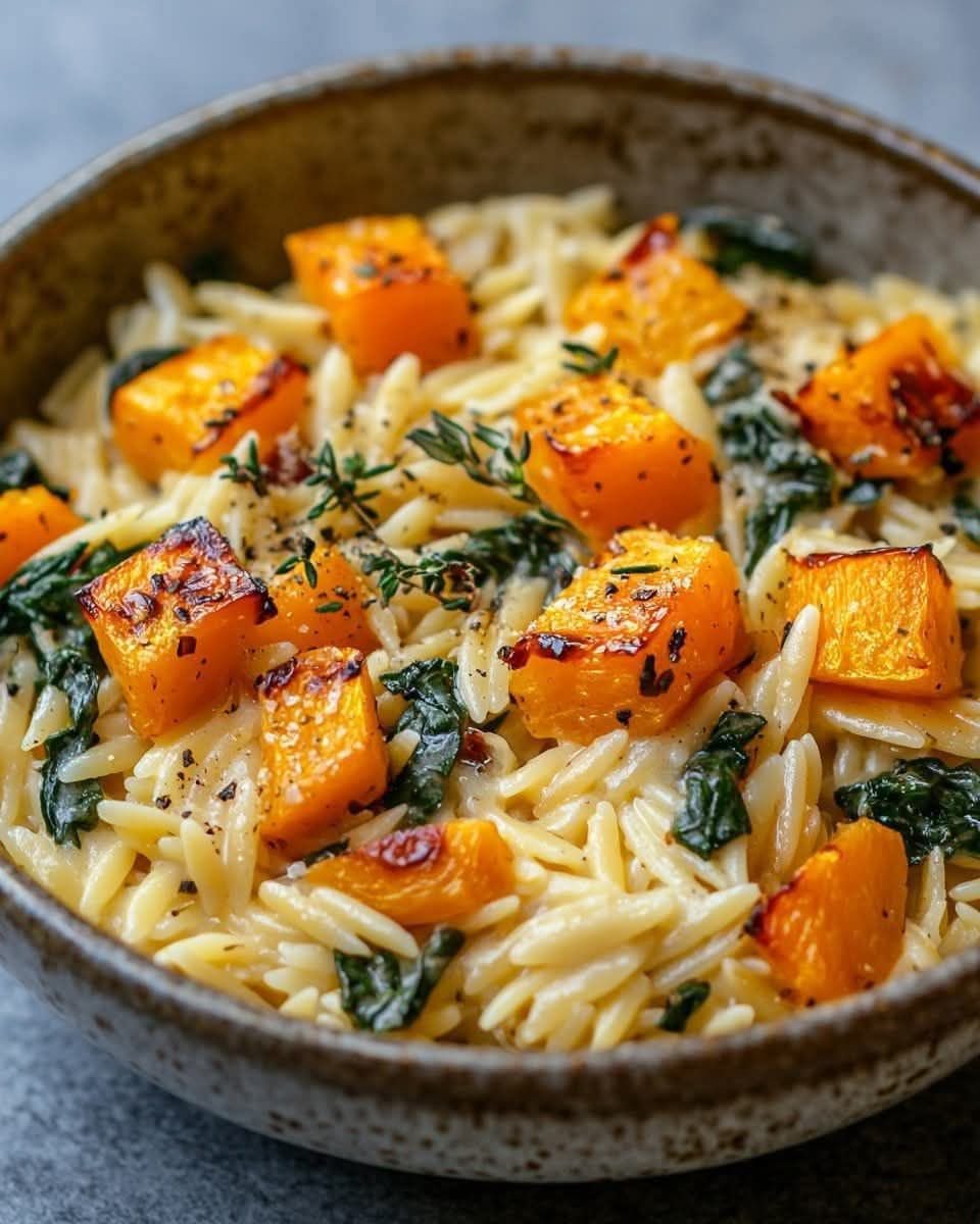 Creamy Orzo Pasta with Roasted Butternut Squash and Spinach