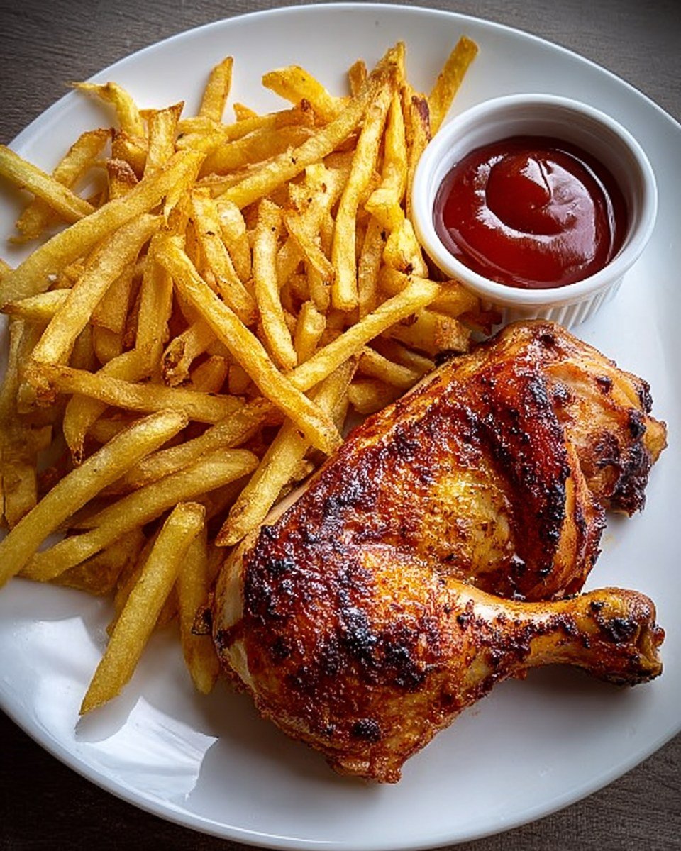 🍗🍟 Crispy Roasted Chicken Leg Quarter with French Fries & Dipping Sauce 🍅✨