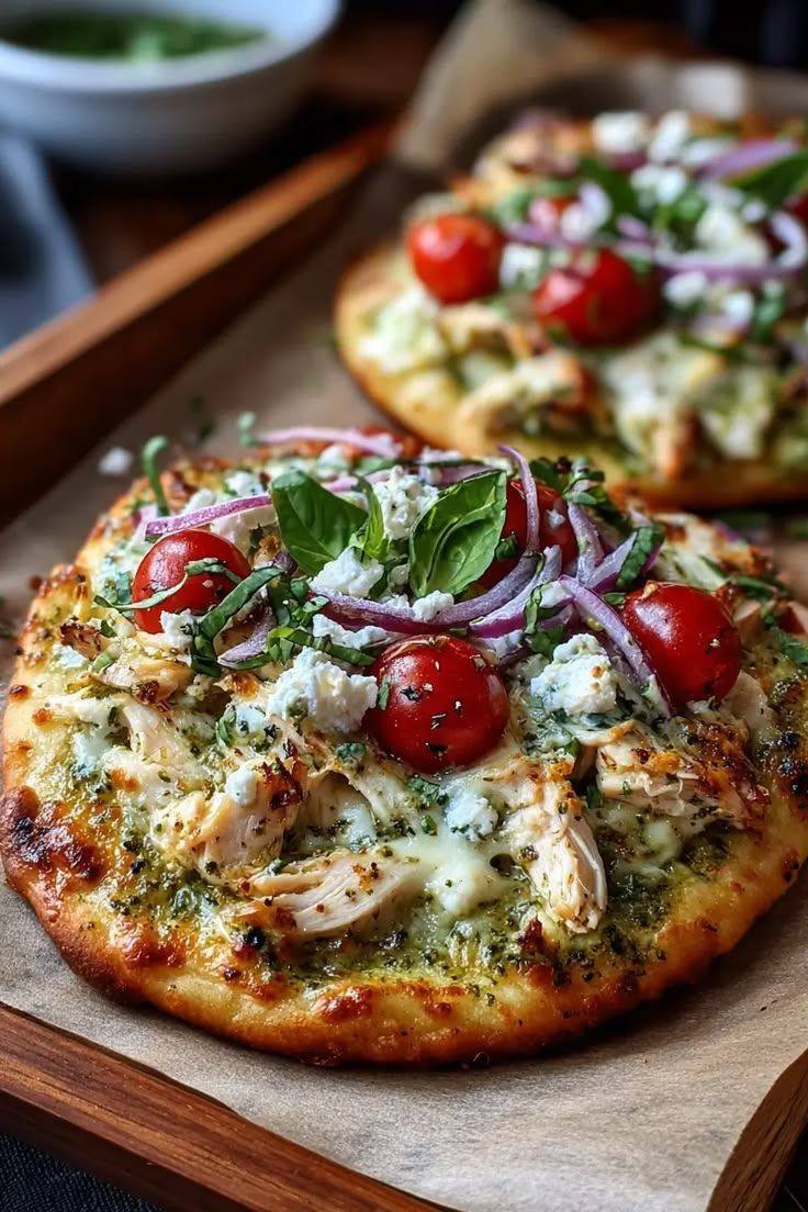 Pesto Chicken Flatbread with Mozzarella