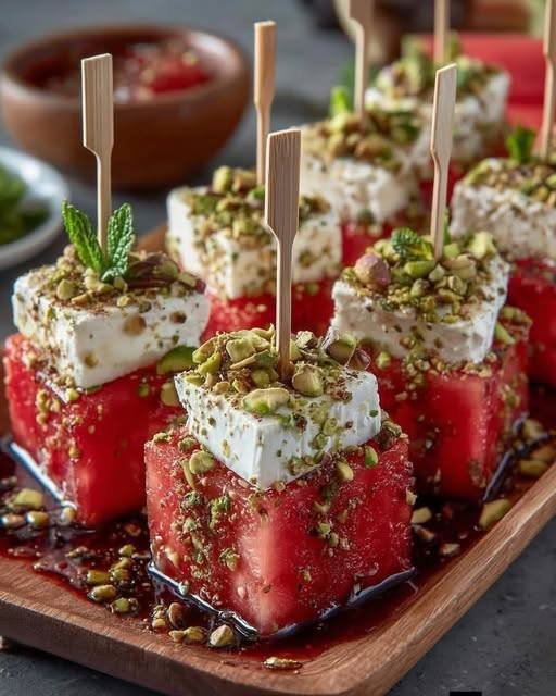 Hot Honey Watermelon Feta Bites with Mint